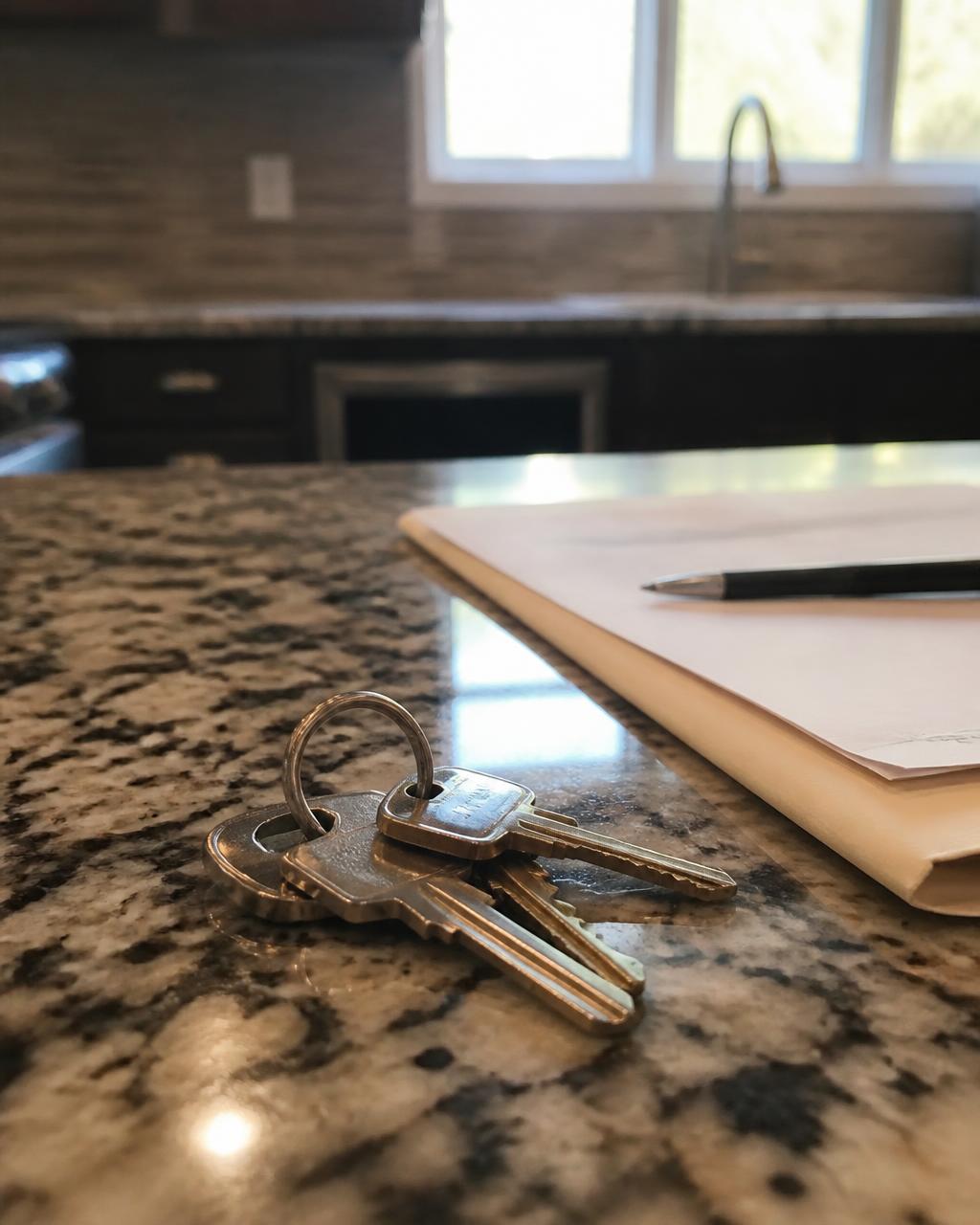 Keys on a kitchen counter beside a folder of paperwork