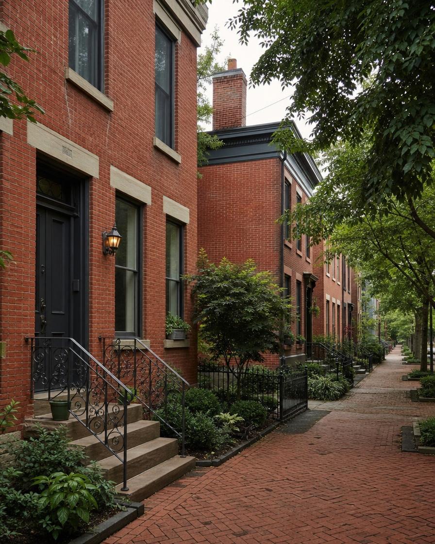A row of older brick city houses on a Columbus, Ohio street
