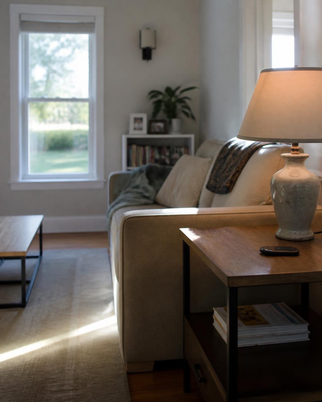 A quiet living room with morning light coming through the window