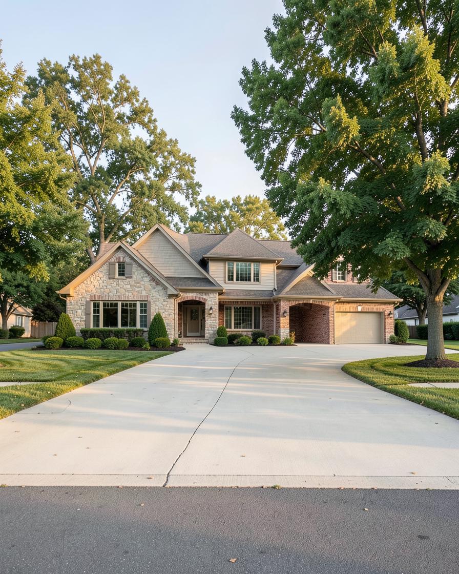 A large stone and brick family home on a shaded street in Dublin, Ohio