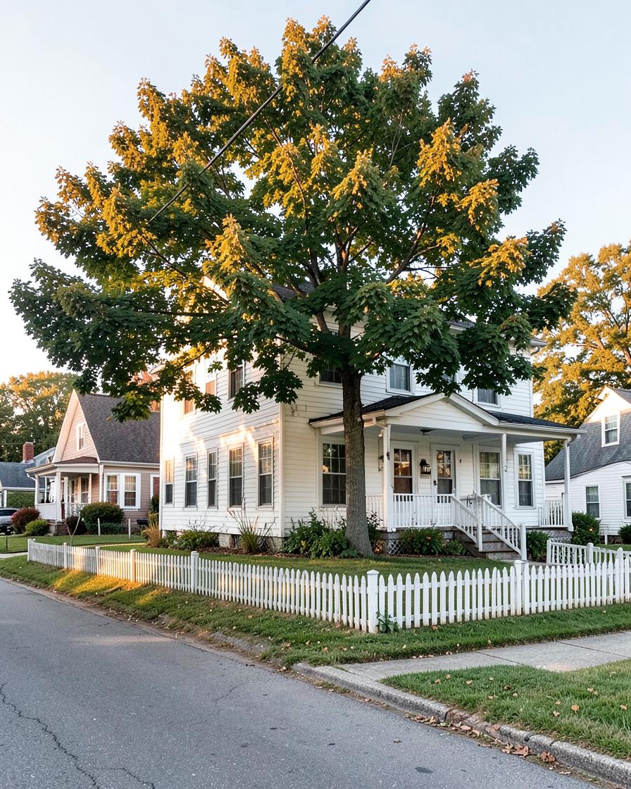 An older white frame home on a quiet street in Plain City, Ohio