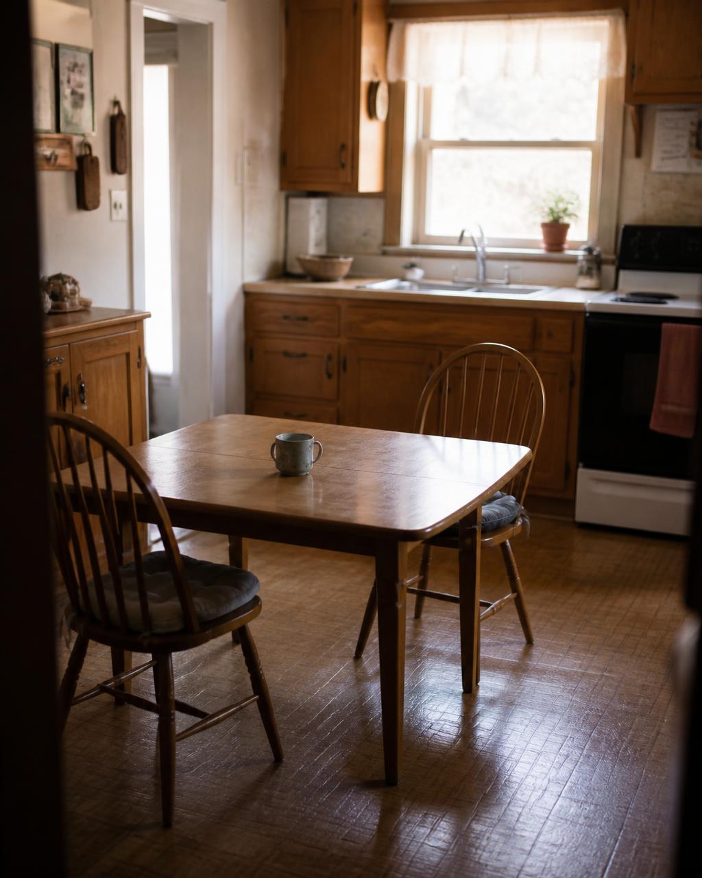 A kitchen table with two chairs and a mug in an older family home