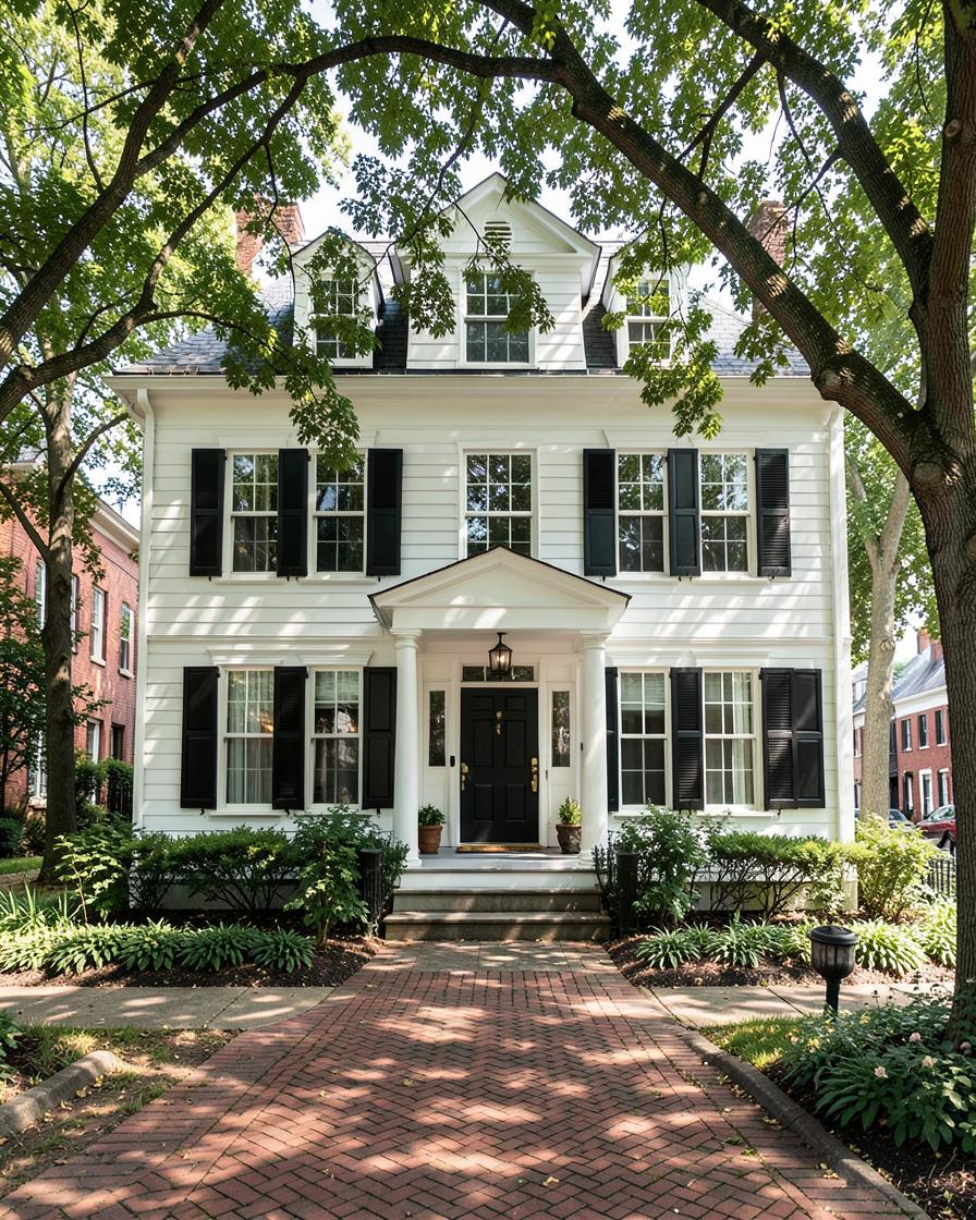 A white colonial home with black shutters in Worthington, Ohio